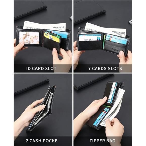 Mens Leather Wallet Front Pocket Bifold RFID Blocking Wallet Stripe Black - Picture 4 of 7